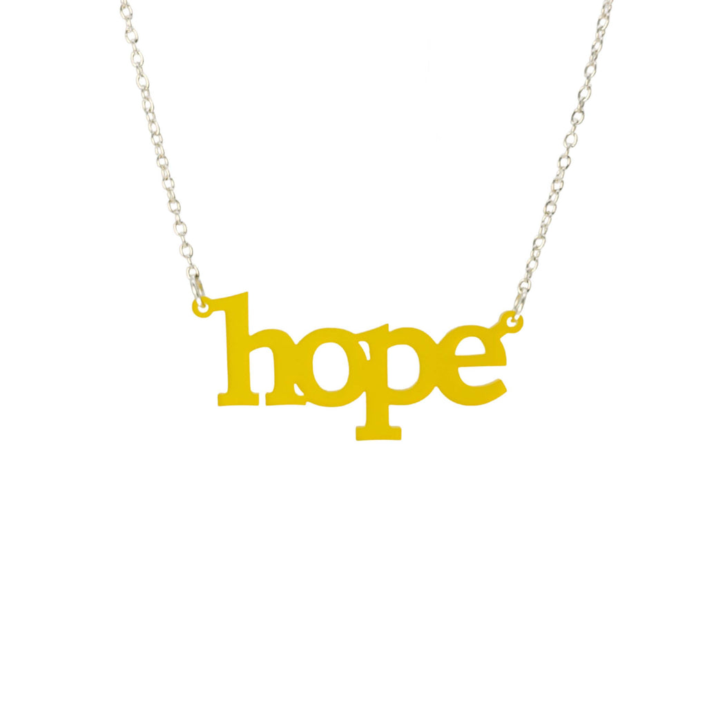 Hope necklace in sunflower frost shown on a silver chain hanging on a white background. 