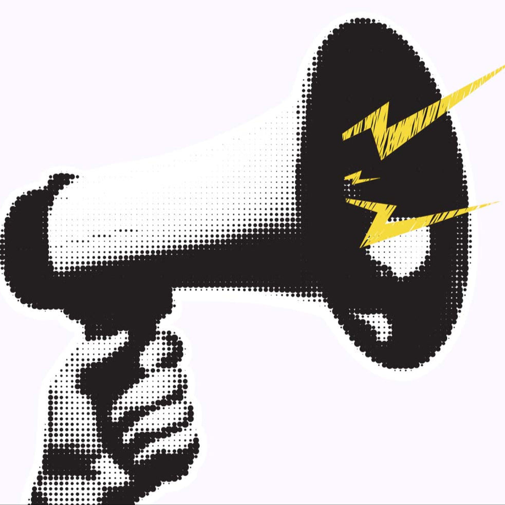 A loudhailer with lightning bolts announcing the charities that Wear and Resist supports