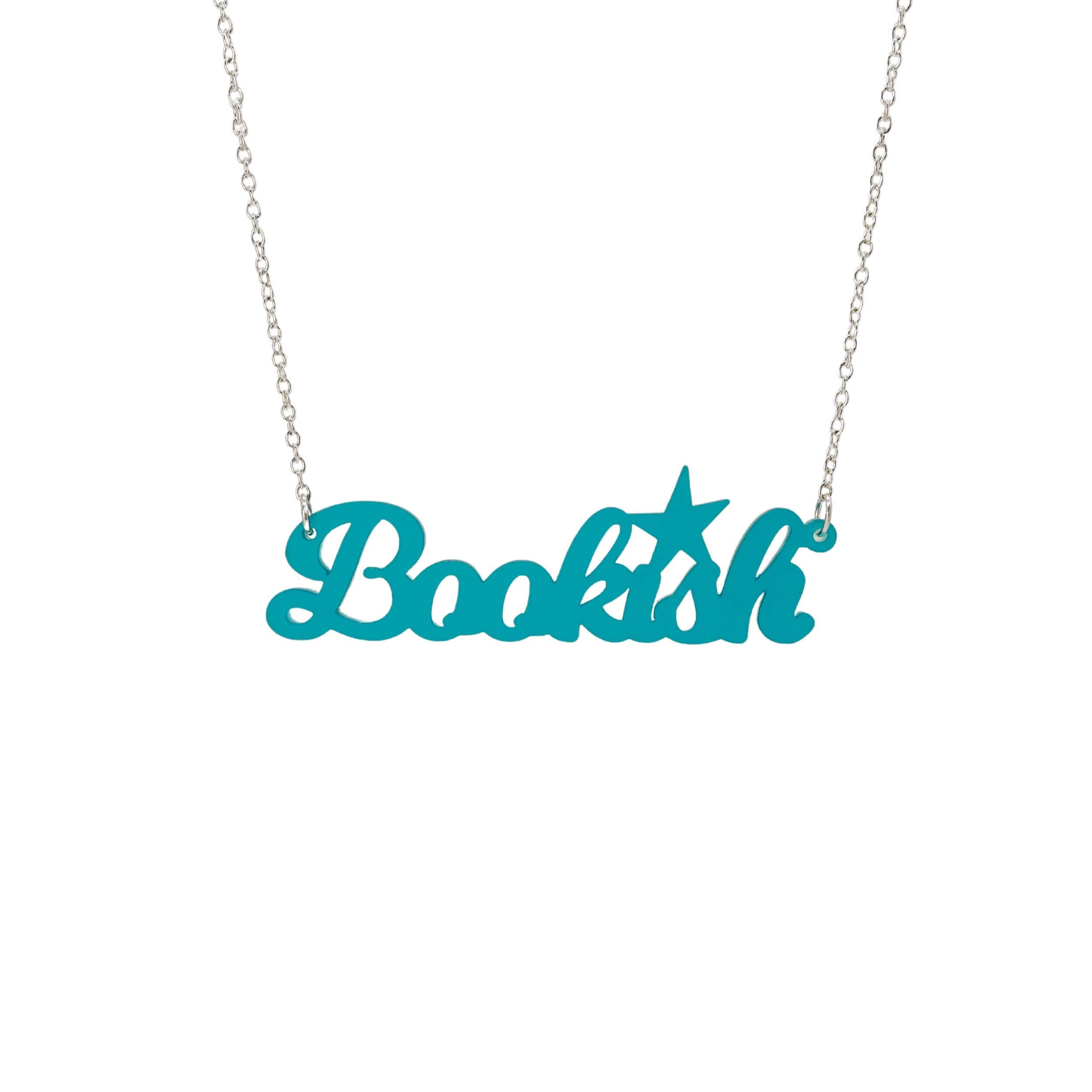 Teal frost Bookish necklace shown against a white background. 