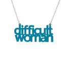 Difficult Woman necklace in teal frost, shown hanging against a white background. 