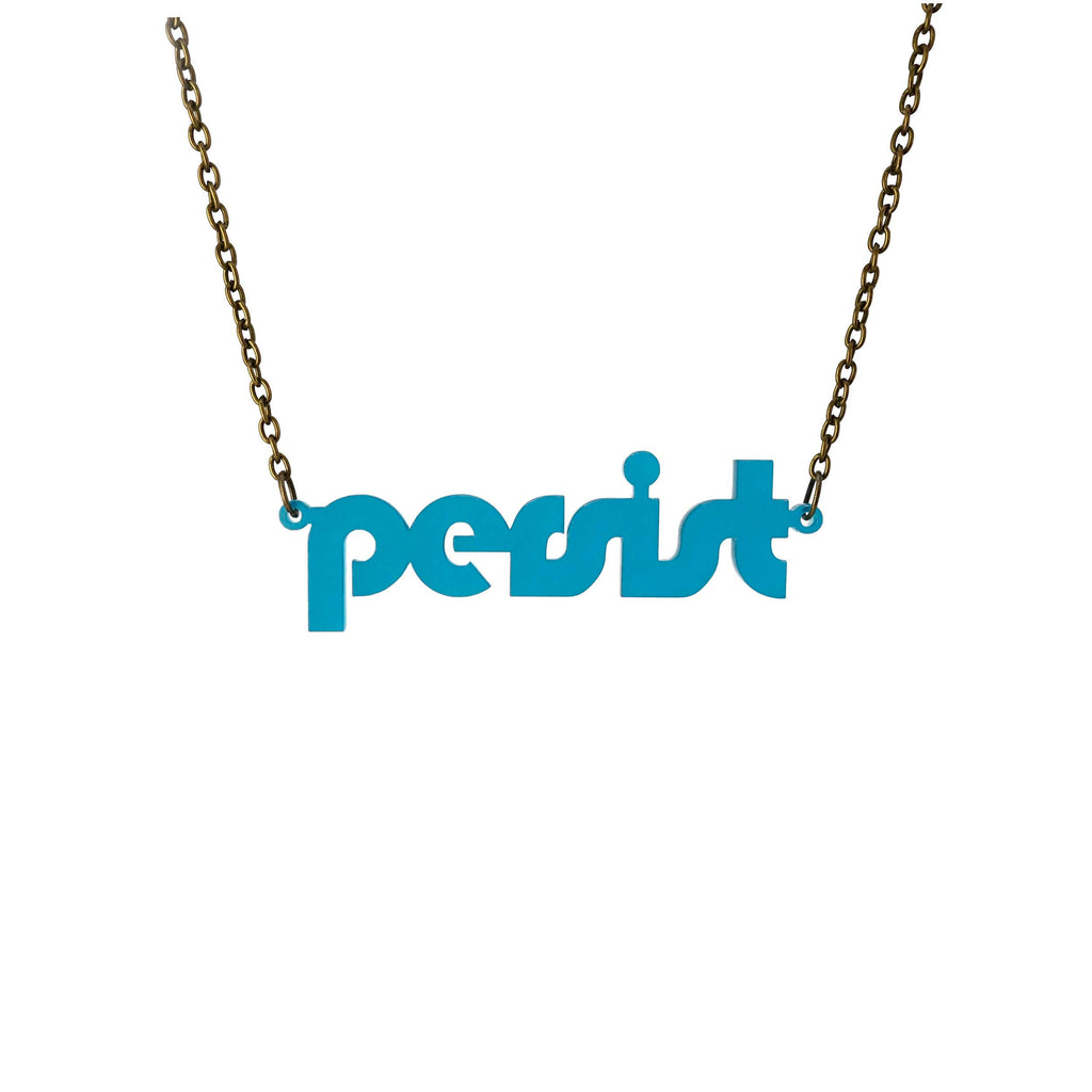 Teal frost disco Persist necklace shown hanging against a white background. 