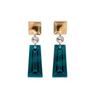 Deco drop earrings with teal Deco bottoms, a small jewel in silver and the top in gold. 