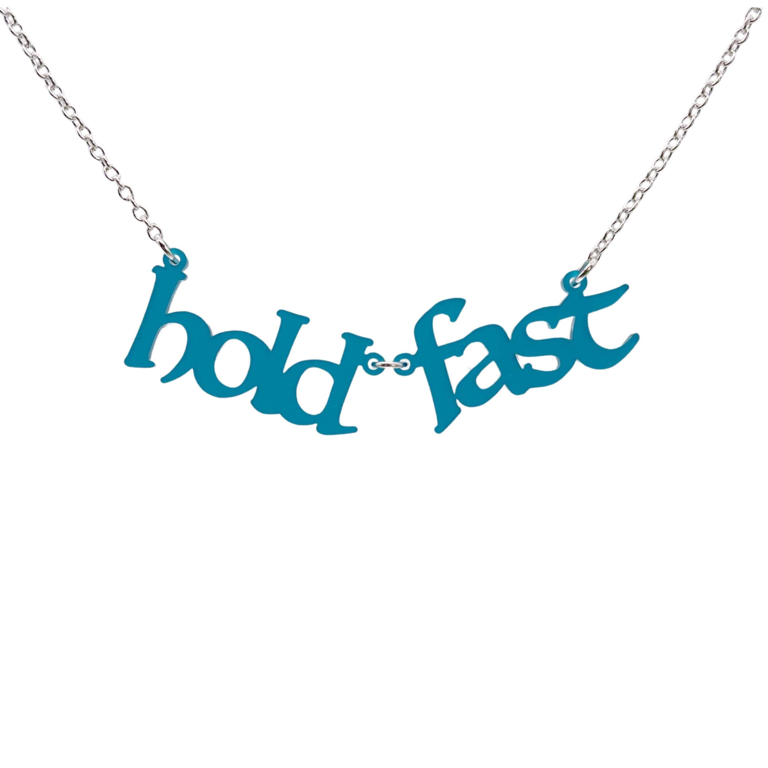 Hold fast necklace in teal frost shown hanging against a white background. 
