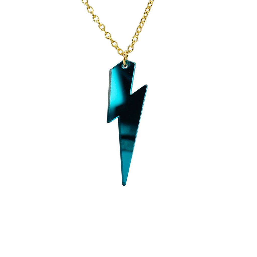 Teal mirror Lightning Bolt necklace shown on a gold chain against a white background. 