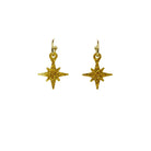 Ultra gold glitter vintage star earrings on hoops shown hanging on a white backround. 