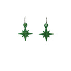 Green glitter vintage star earrings on hoops shown hanging on a white backround. 