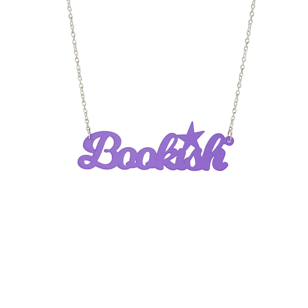 Violet frost Bookish necklace shown hanging against a white background. 