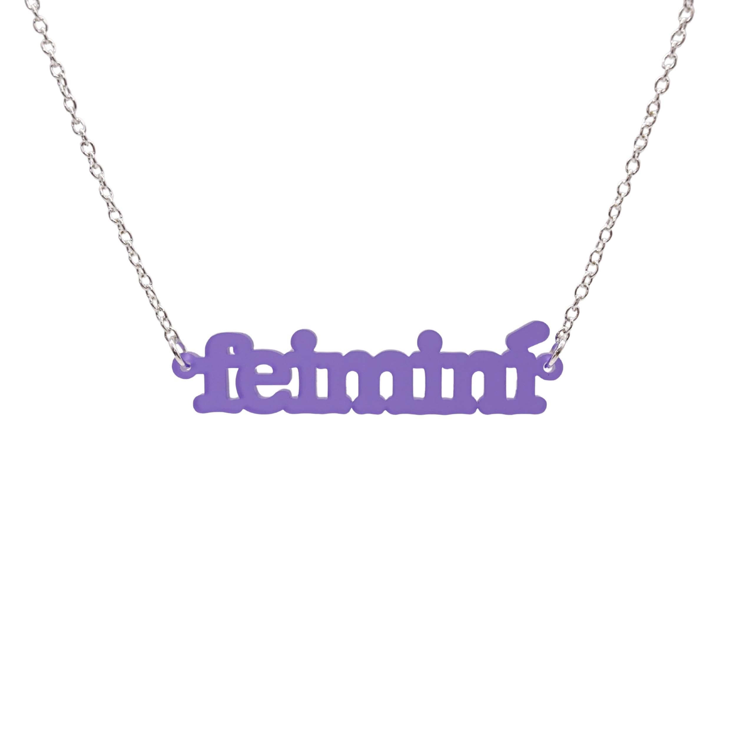 Irish Gaelic Feiminí necklace in violet frost shown hanging against a white background. 