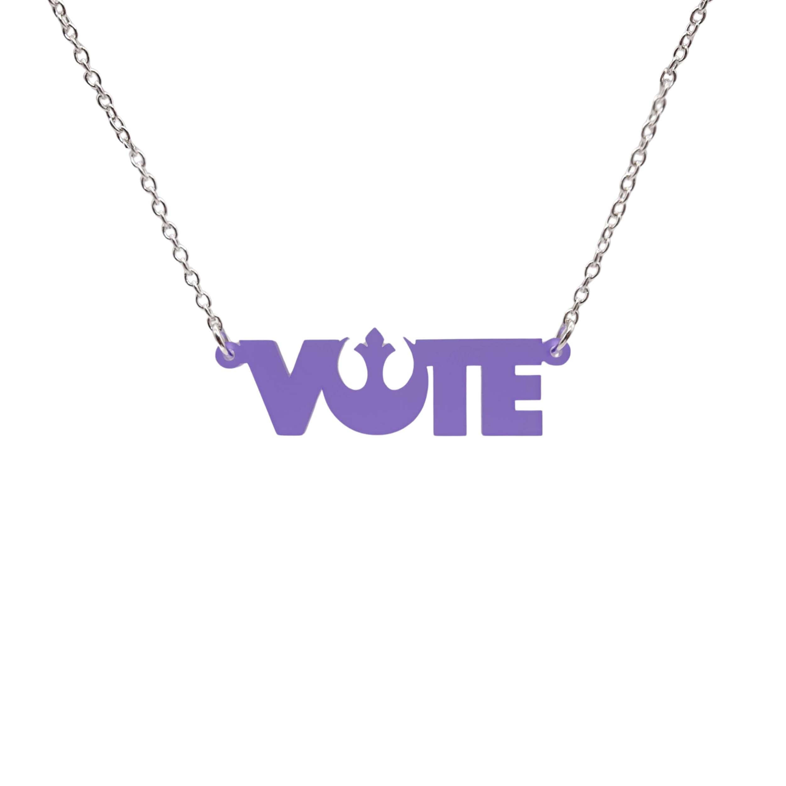 Rebel Alliance Vote necklace in violet frost shown hanging against a white background. 