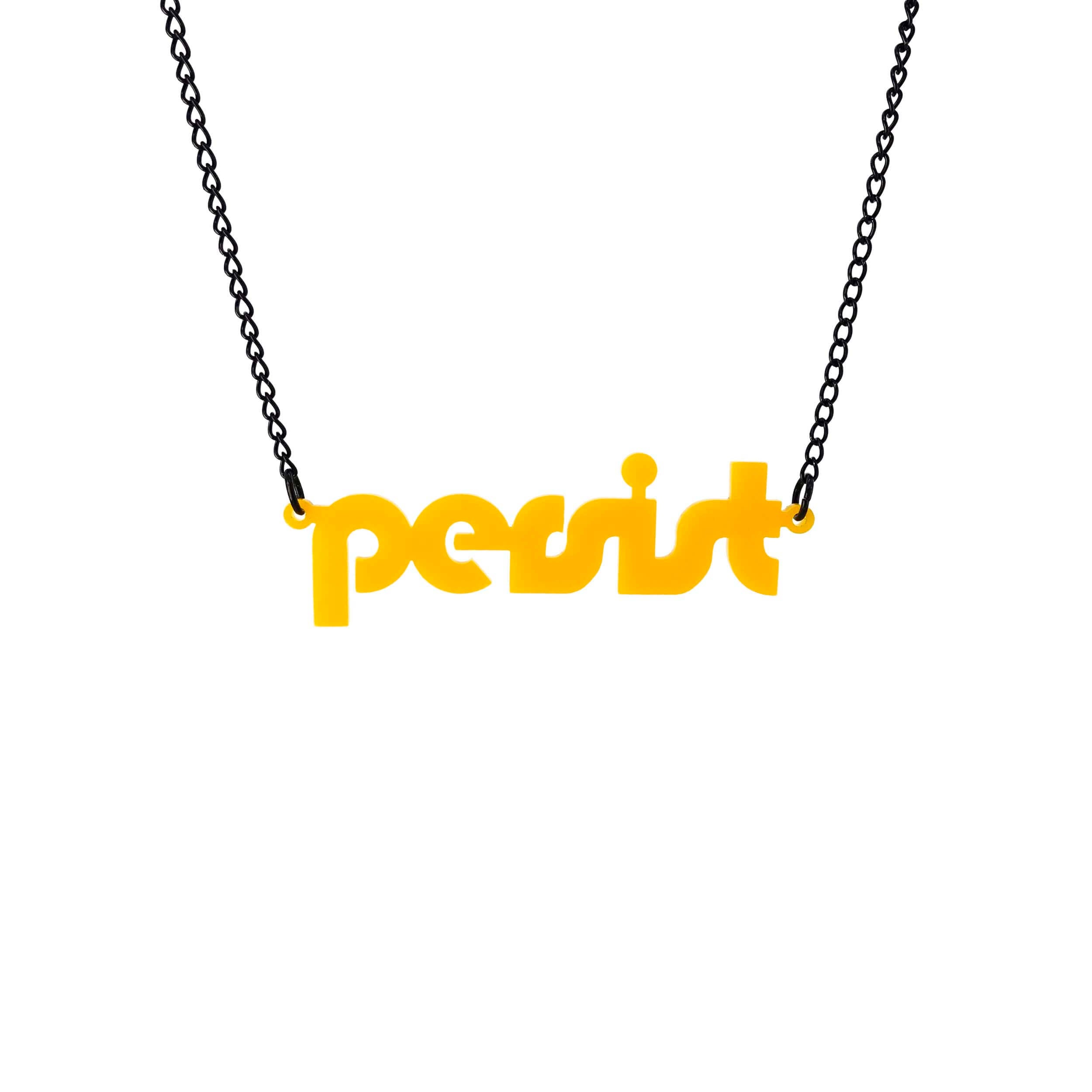 Sunflower yellow disco Persist necklace shown hanging against a white background. 