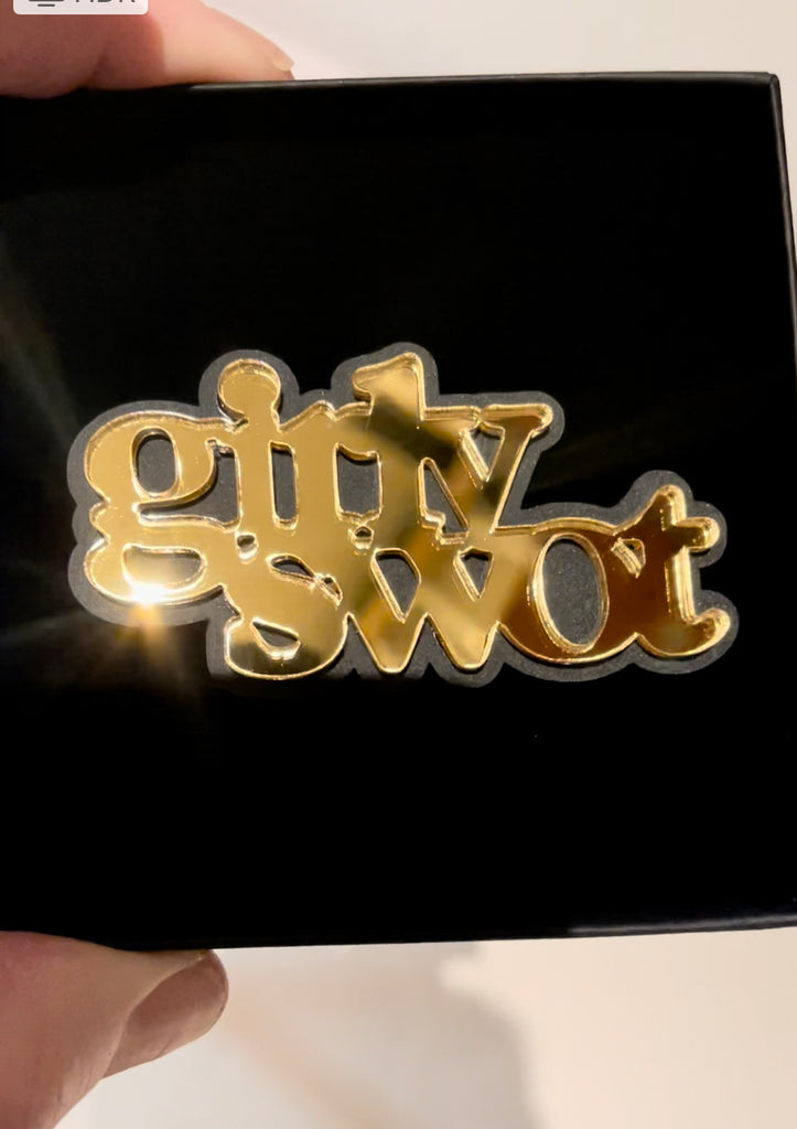 Gold Girly Swot brooch catching the light. 
