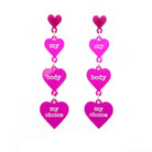 My body my choice heart drop earrings shown on a white background. 