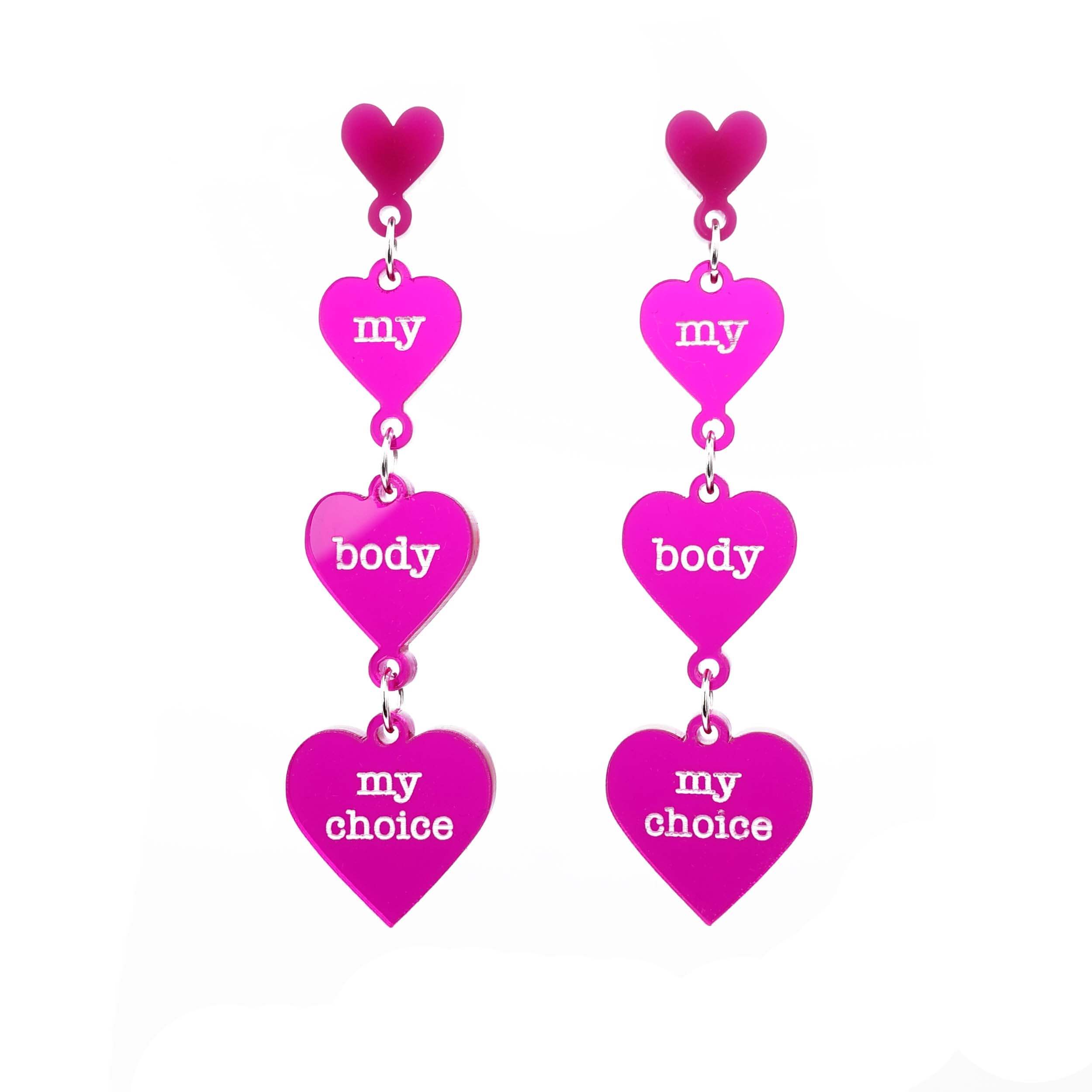 My body my choice heart drop earrings shown on a white background. 
