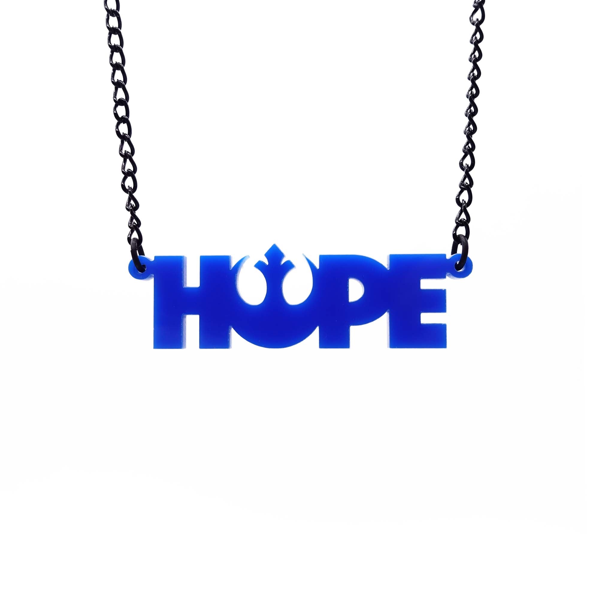 Matisse blue Hope necklace with the Star Wars Rebel Alliance sign. 