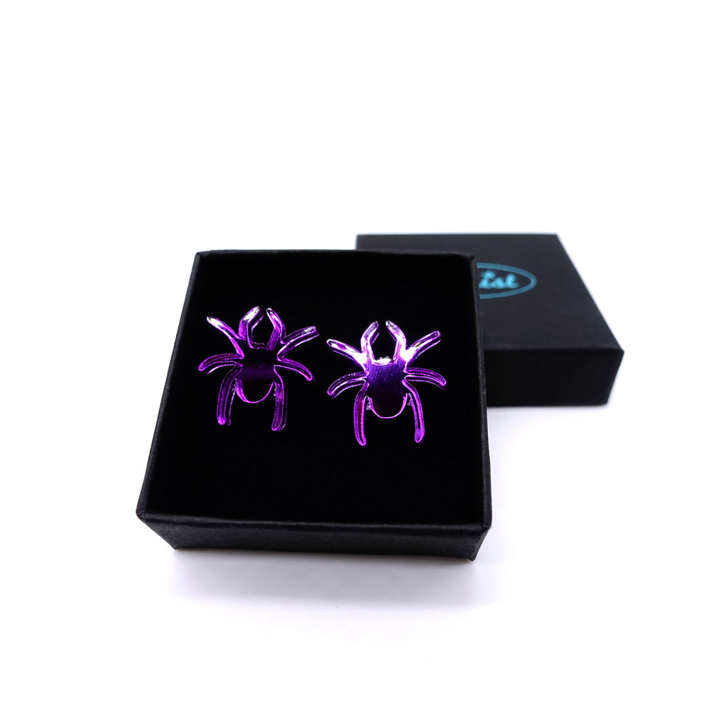 Poison purple mirror Lady Hale spider stud earrings by Wear and Resist. 