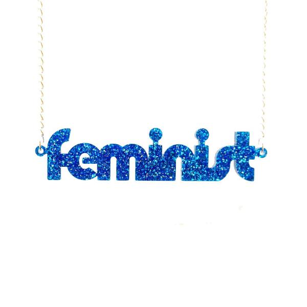 blue glitter retro disco font feminist necklace