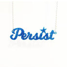 Blue glitter script Persist necklace shown hanging against a white background. 