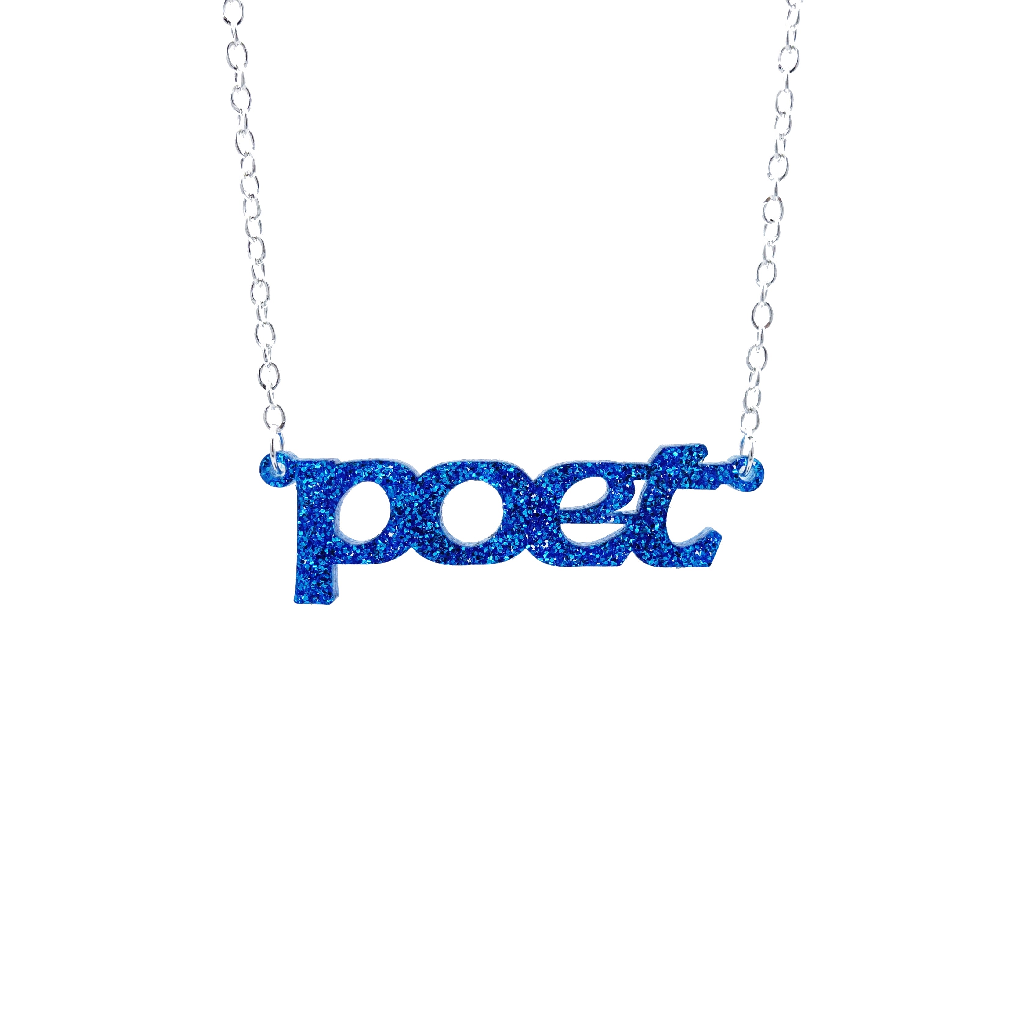 Blue glitter poet necklace shown hanging against a white background. 