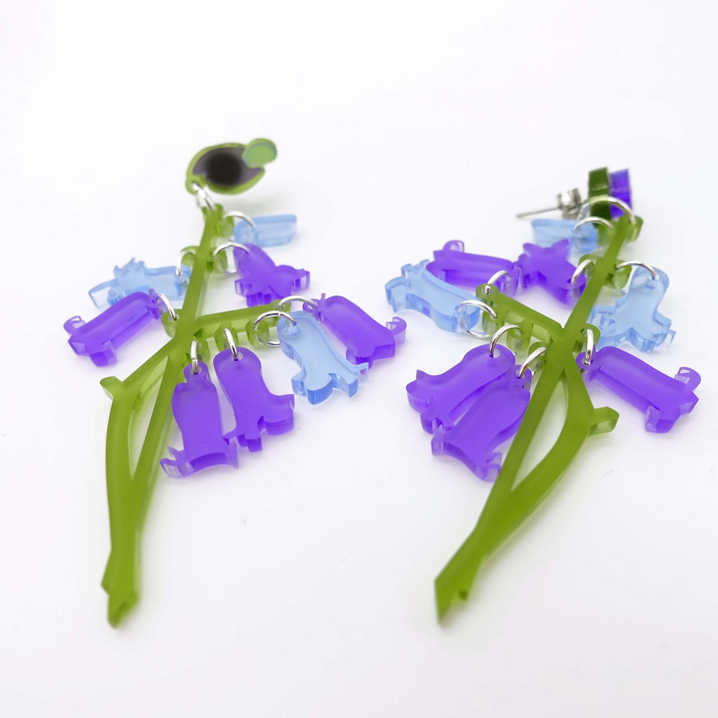 Bluebell earrings by Wear and Resist shown on white. 