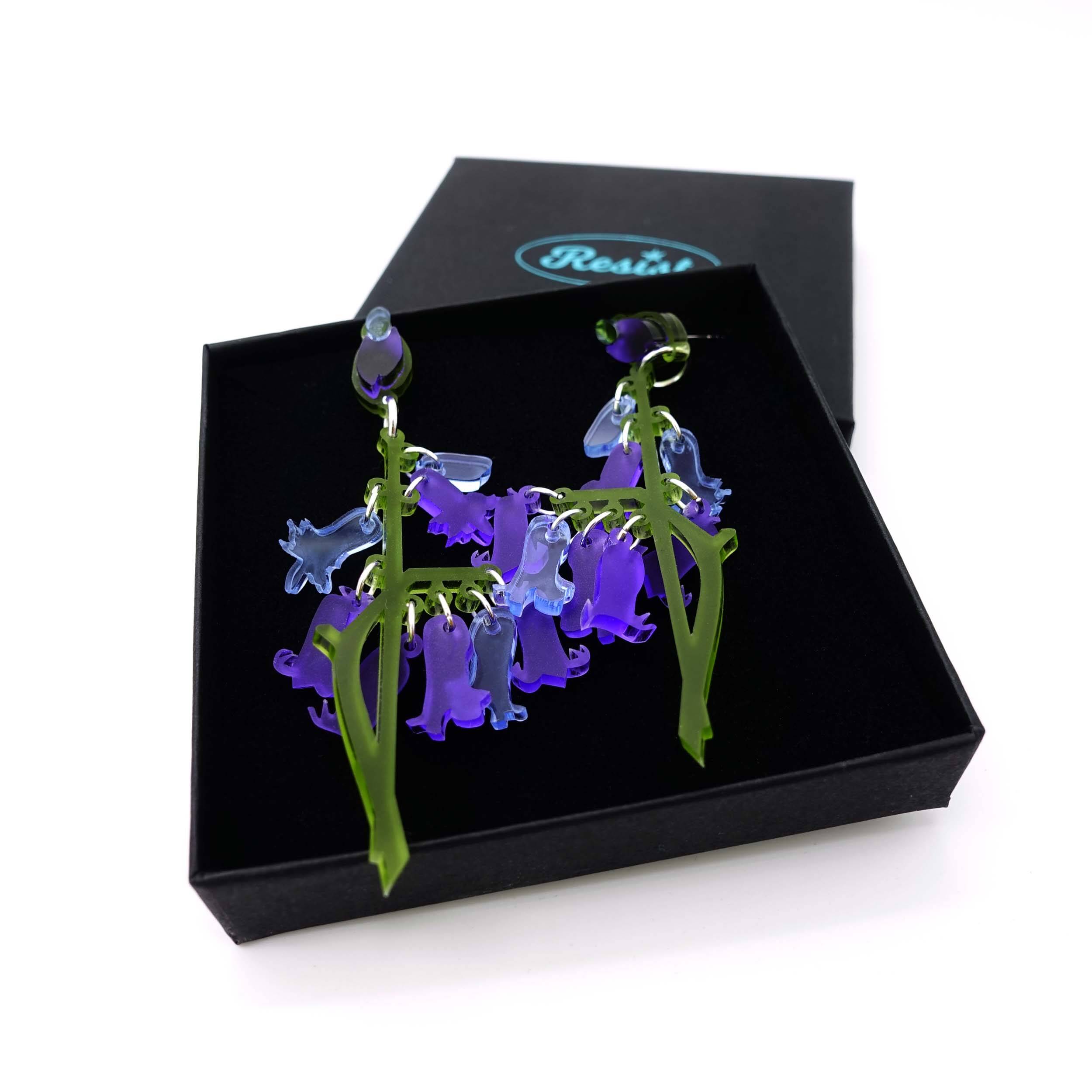 Bluebell earrings by Wear and Resist shown in a gift box. 