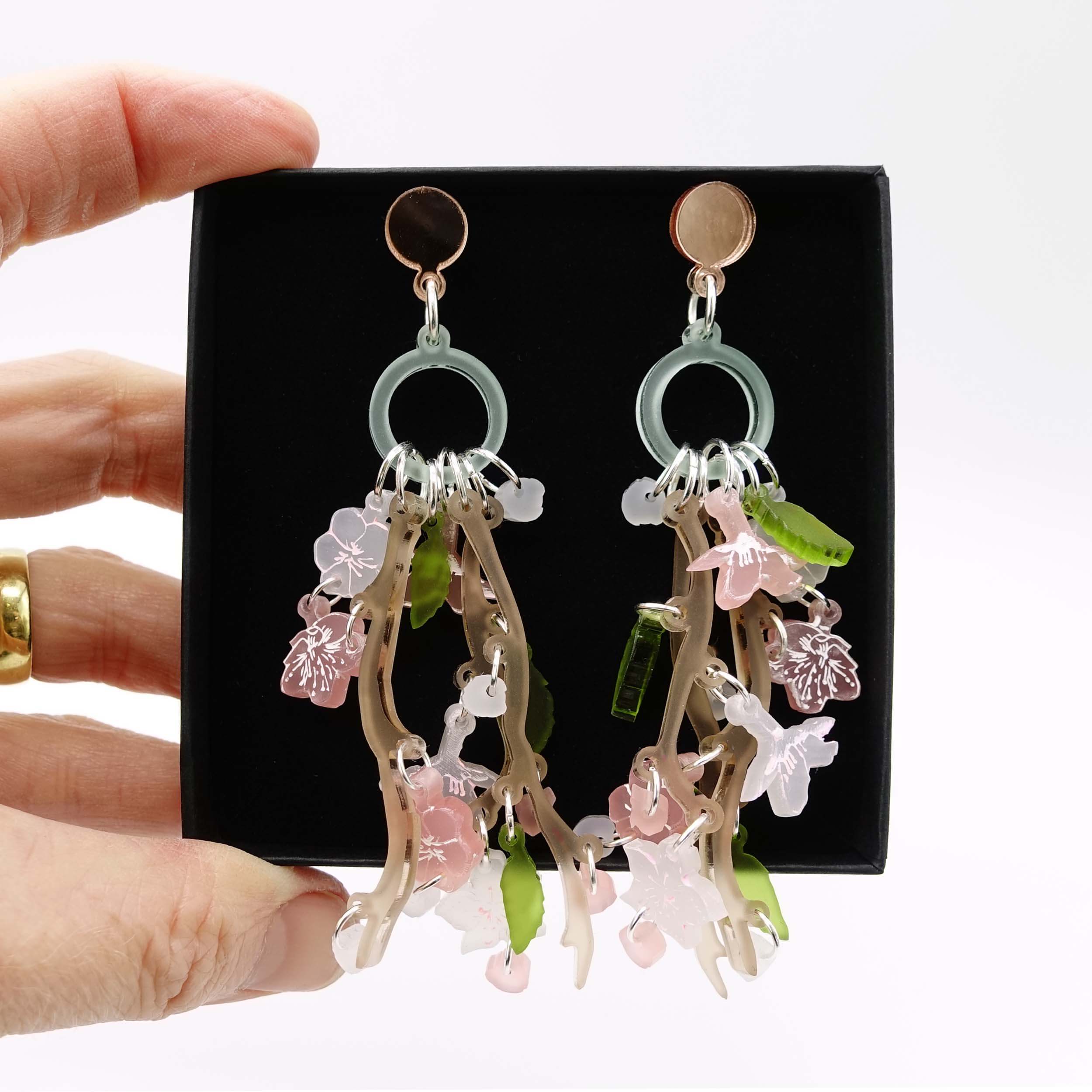 Limited Edition Cherry Blossom statement earrings by Wear and Resist. 