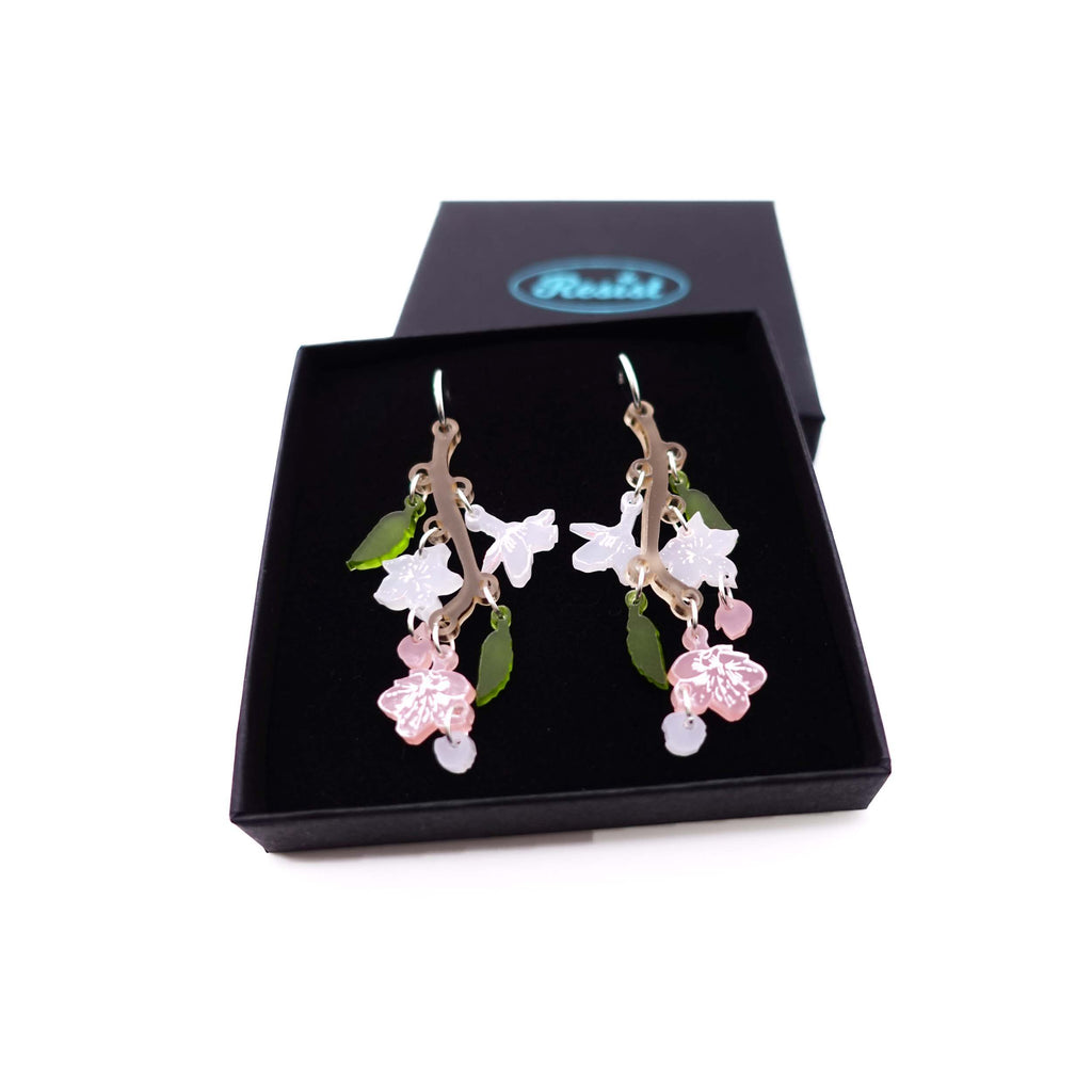 Cherry Blossom limited edition earrings designed by Sarah Day for Wear and Resist. 