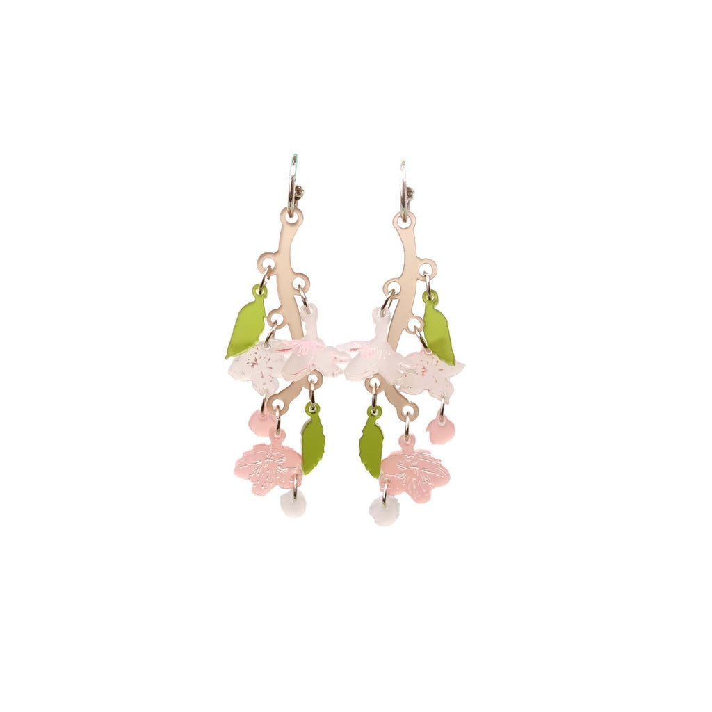 Cherry Blossom limited edition earrings designed by Sarah Day for Wear and Resist shown cut out hanging. 