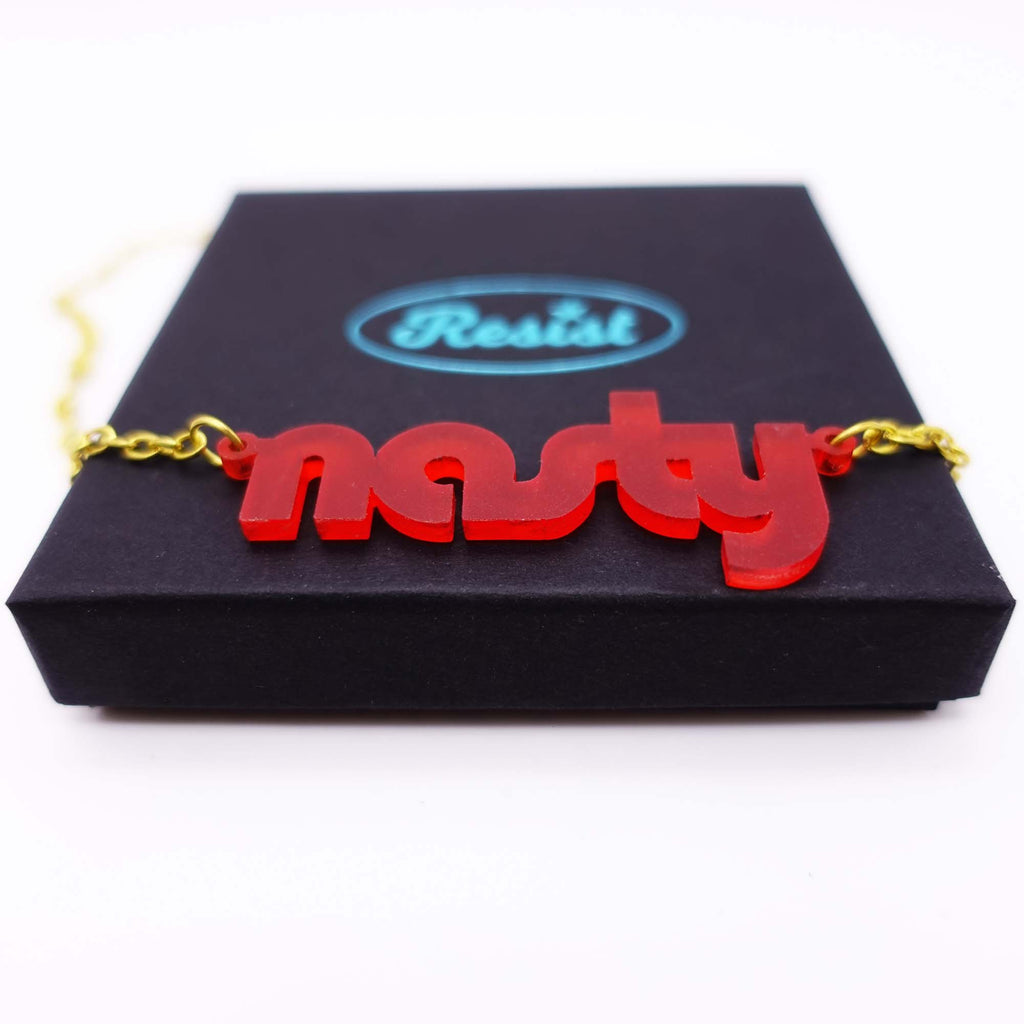 chilli red disco nasty necklace shown on box