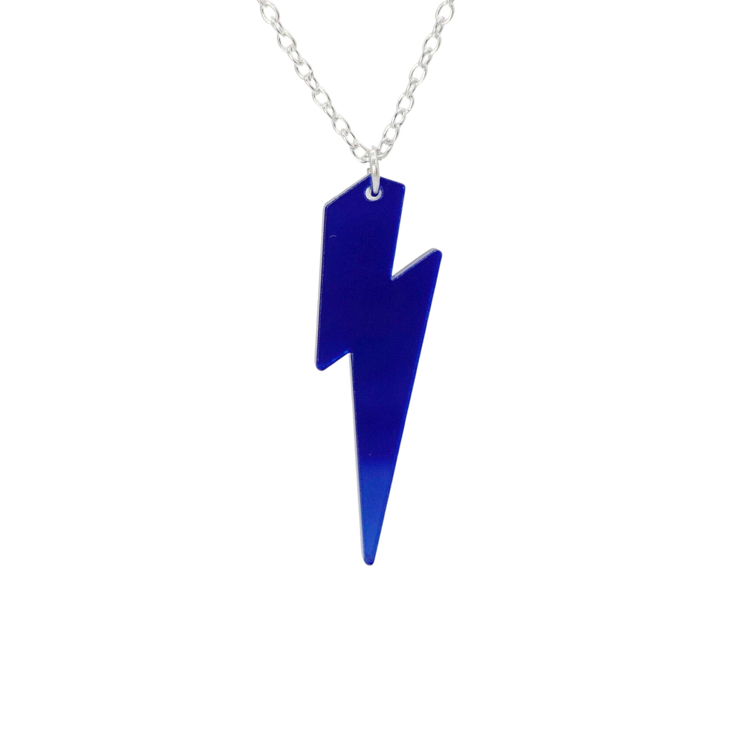 Electric blue Lightning Bolt necklace shown hanging against a white background. 