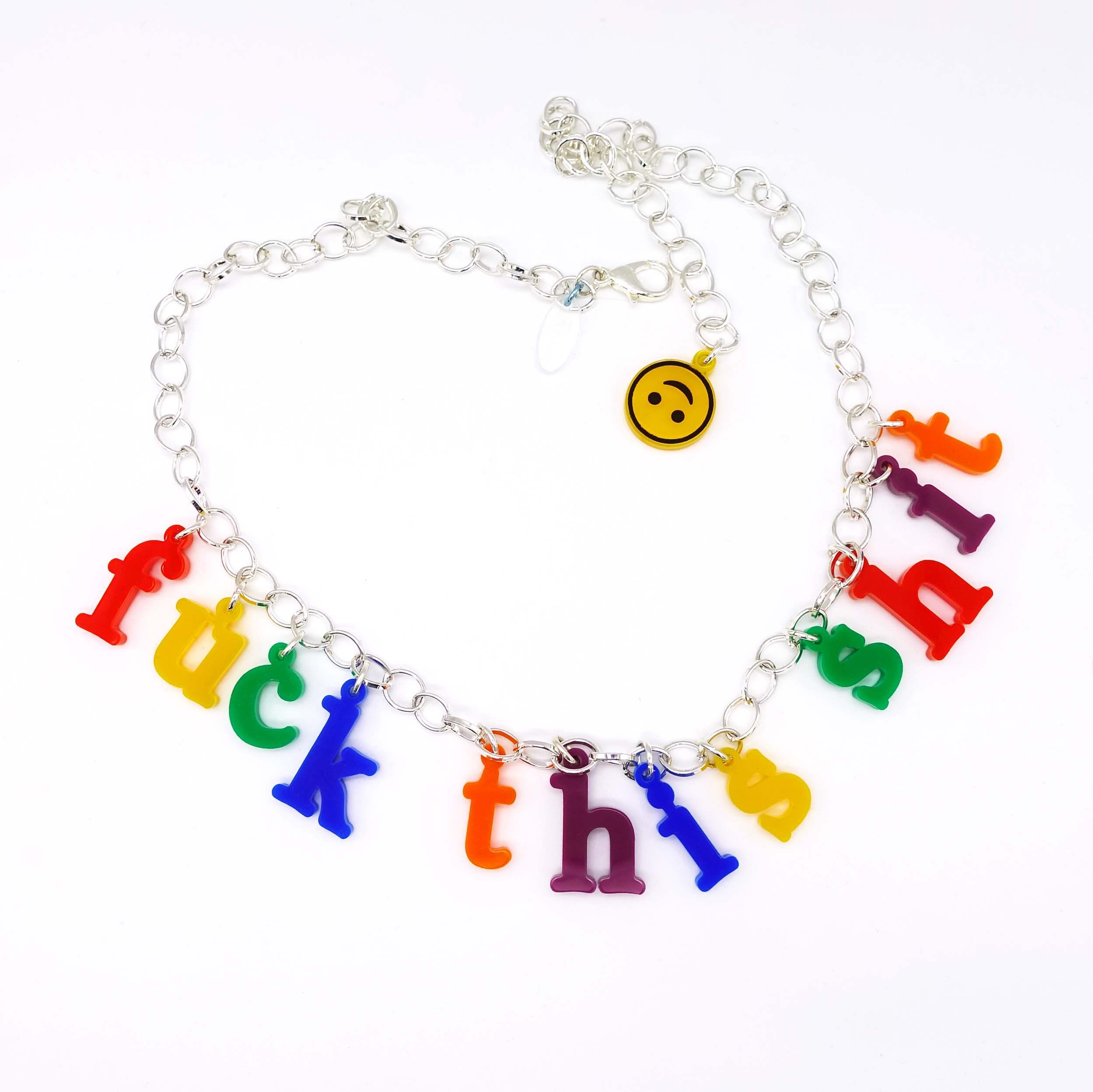 F*ck this sh*t necklace in retro alphabet letters designed by Sarah Day for Wear and Resist. Shown on a white background. 