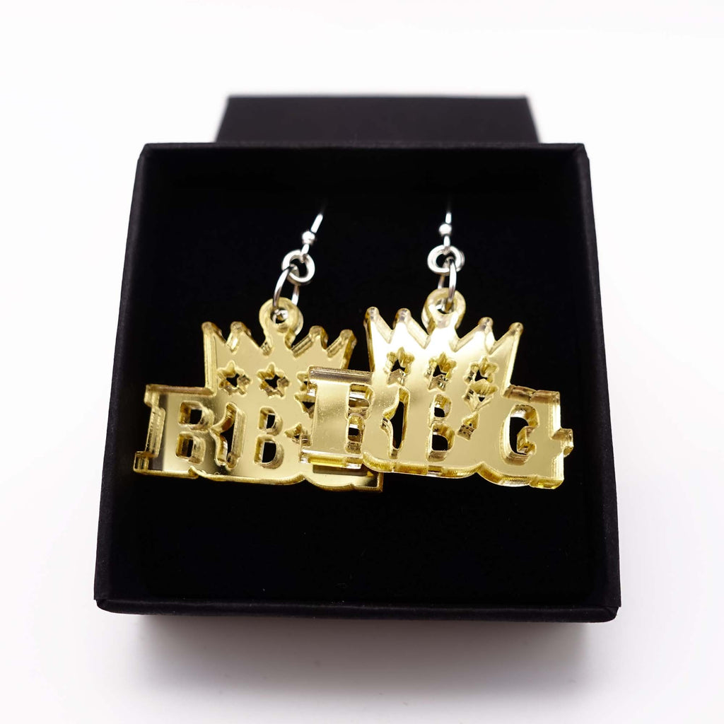 gold mirror Notorious RGB earrings in honour of Ruth Bader Ginsburg