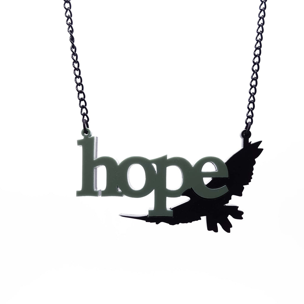 Terre verte and matte black Hope is the Thing with Feathers necklace