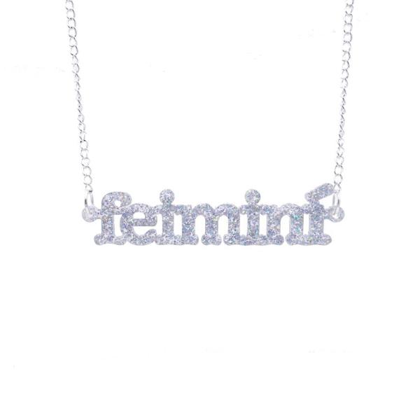 holographic silver glitter Irish Gaelic feimini feminist necklace