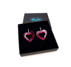 Hot transparent pink I love me heart hoops shown in a Wear and Resist gift box. 