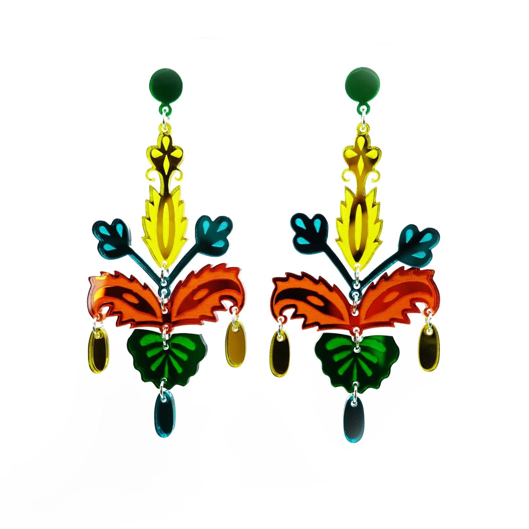 Festive Drop statement earrings in flame mambo colourway, shown hanging against a white background. 