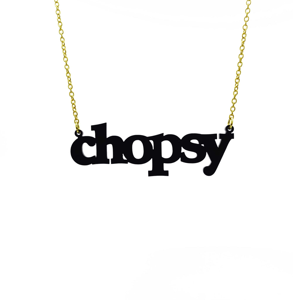 Matte black Chopsy necklace on a gold chain. Jewellery for gobby women! 