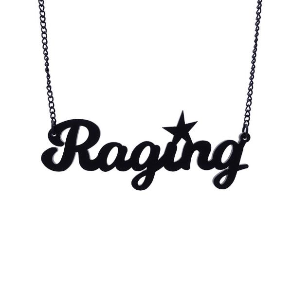 Matte black Raging necklace by Wear and Resist shown hanging. 