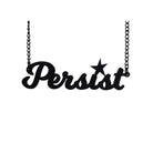 Matte black script Persist necklace shown hanging against a white background. 