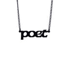Poet necklace in matt black shown hanging against a white backround. 