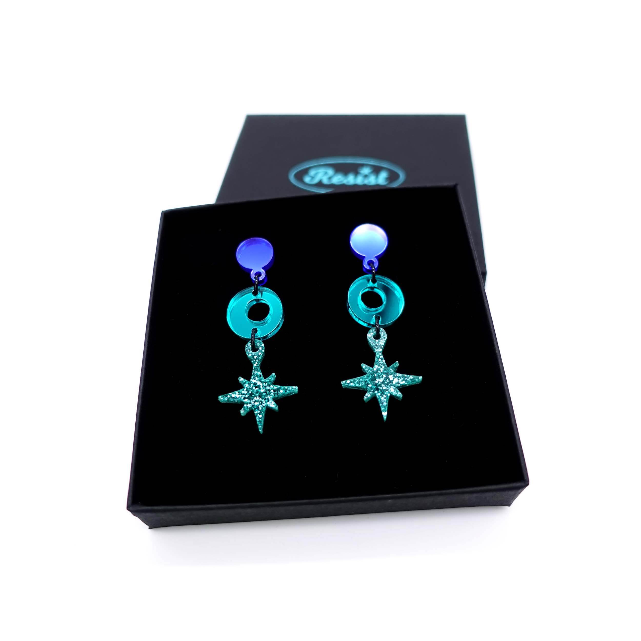 Midnight Deco Star drop earrings in Wear and Resist gift box. 