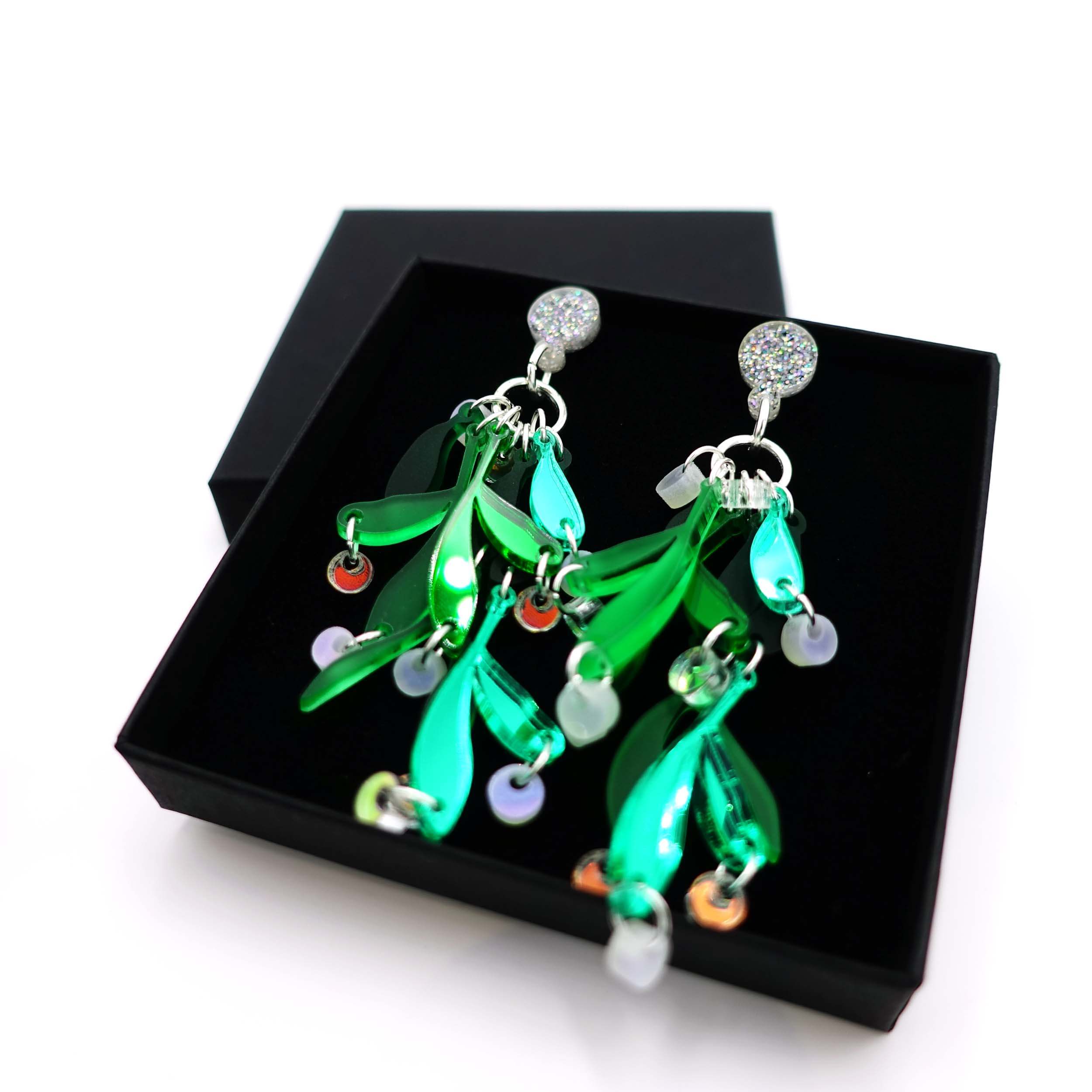 Mistletoe earrings in Wear and Resist gift box. 