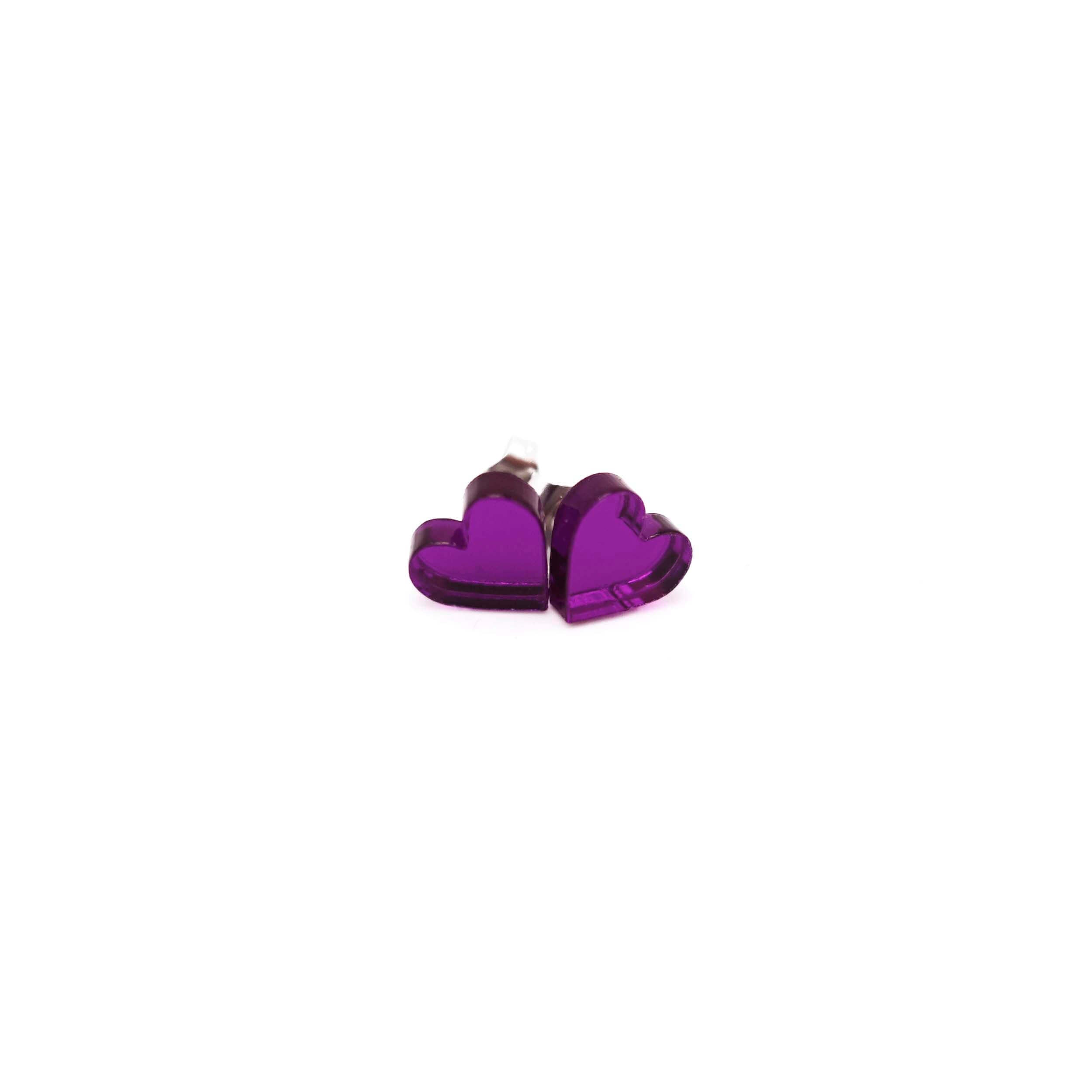 Poison purple mirror tiny heart stud earrings shown on a white background. 