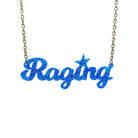 Blue glitter Raging necklace by Wear and Resist shown hanging. 