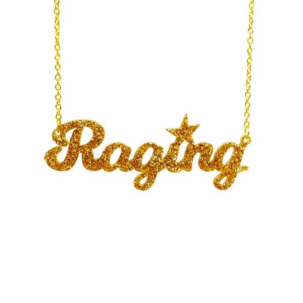 Gold glitter Raging necklace by Wear and Resist shown hanging. 