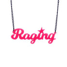 Hot pink Raging necklace Raging necklace by Wear and Resist shown hanging. 