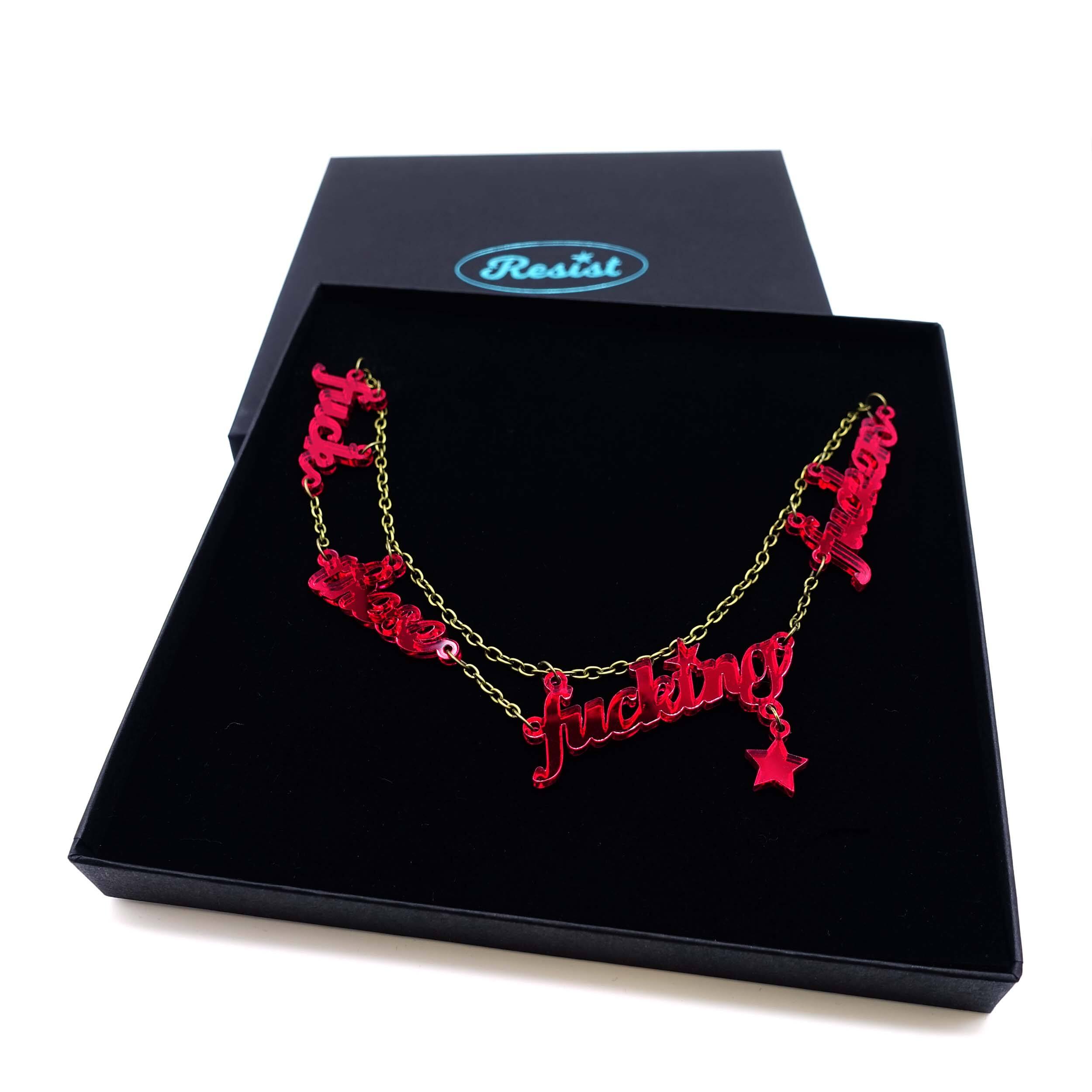 Rose garden red  F*ck These F*cking F*ckers necklace shown in a Wear and Resist large gift box. 