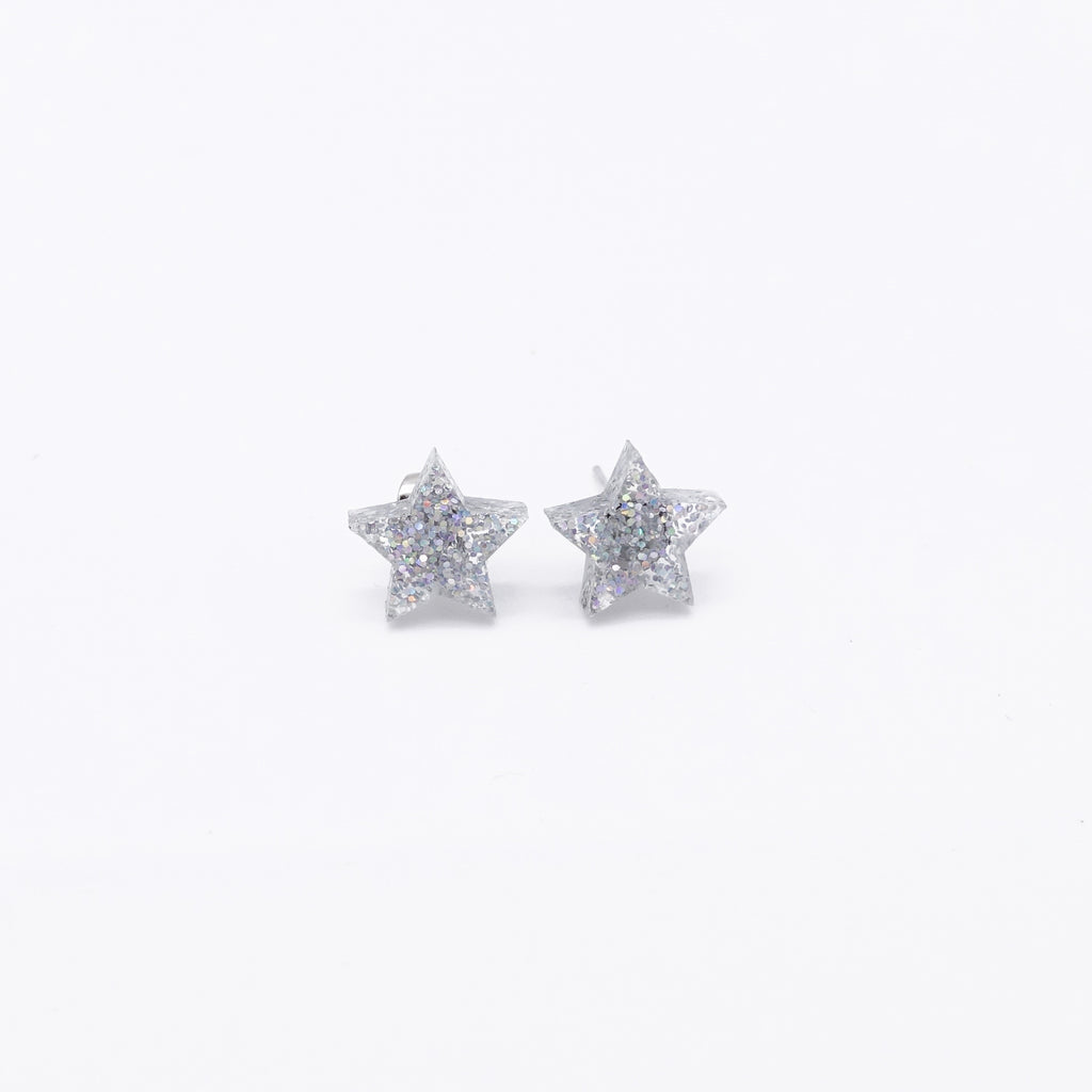 holographic silver small star earrings