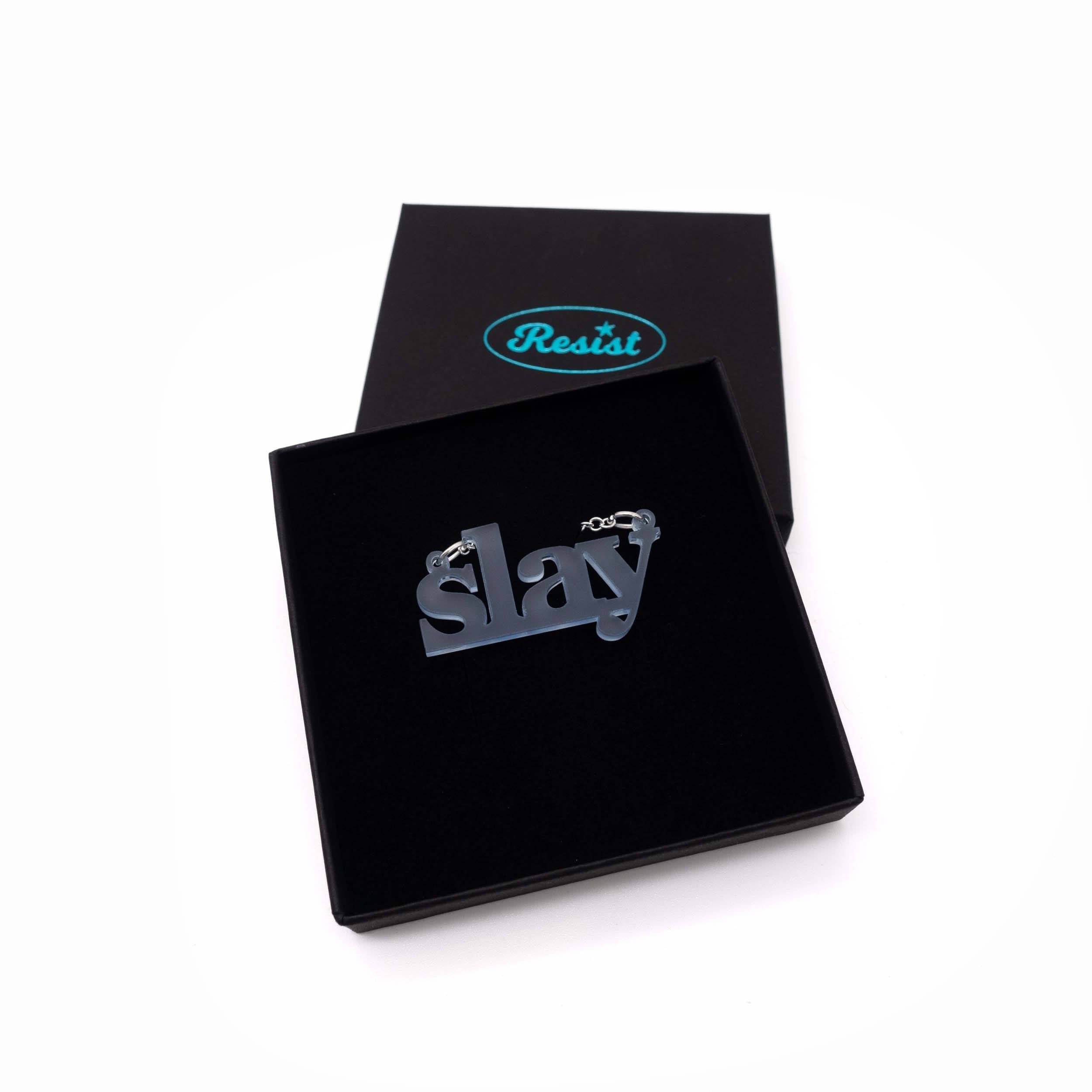 Sky frost Slay necklace shown in a Wear and Resist gift box. 