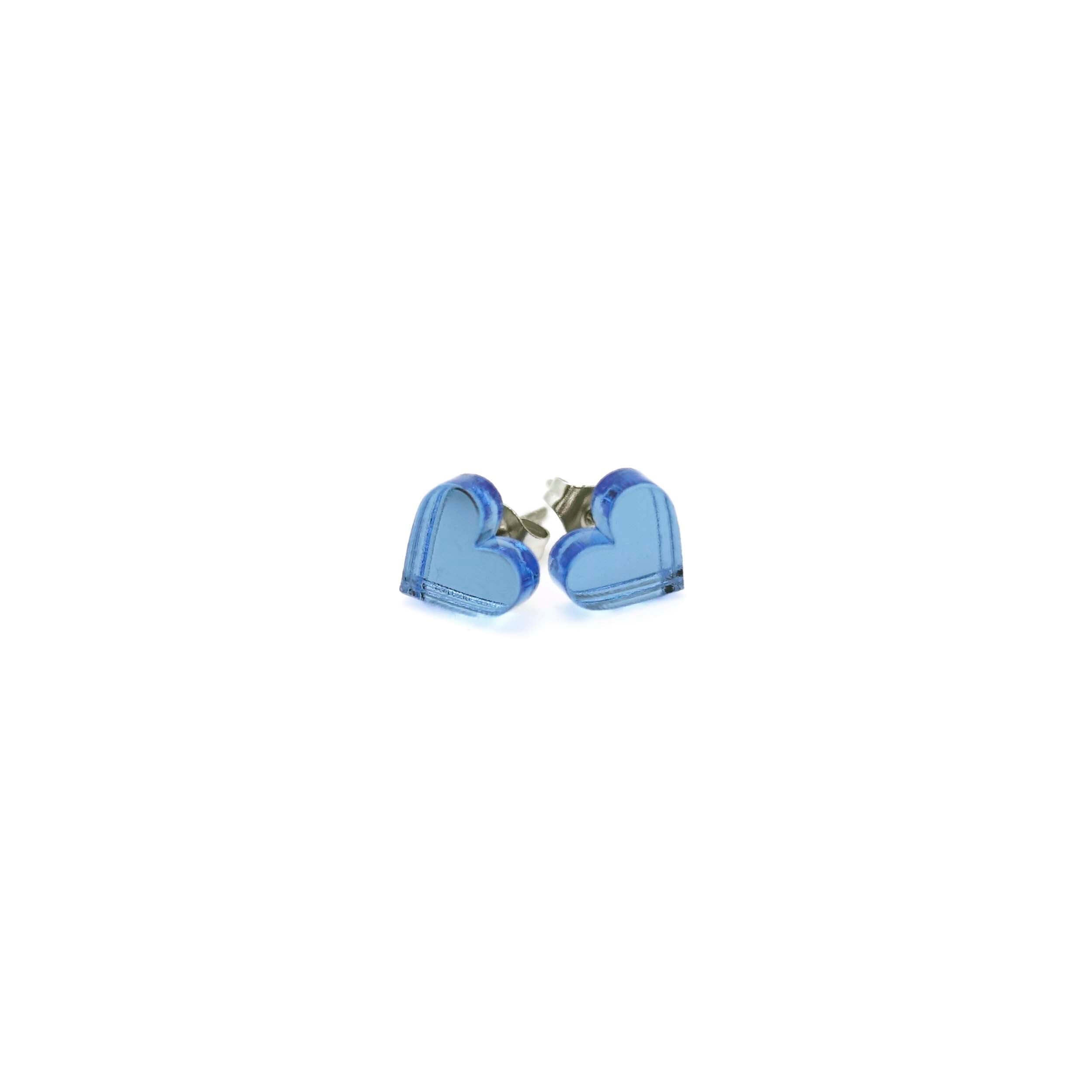 Sky mirror tiny heart stud earrings shown on a white background. 