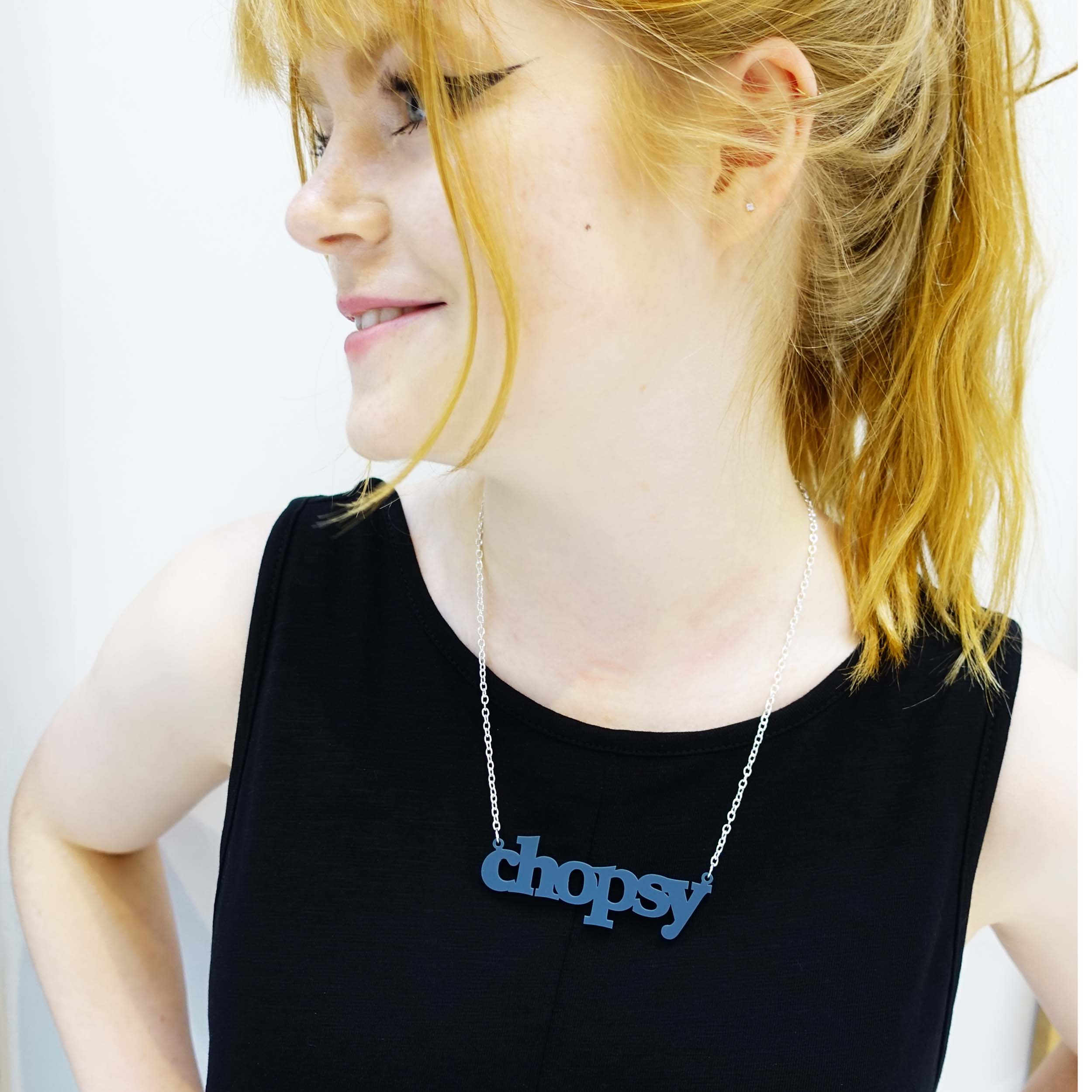 model wears Welsh slate chopsy necklace